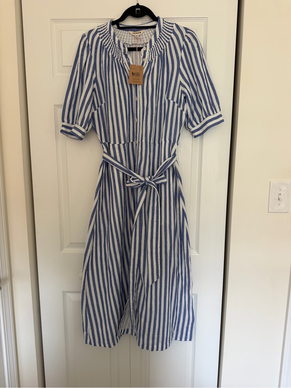 NWT Boden Blue White Striped Cotton Dress Tie Waist Button Front